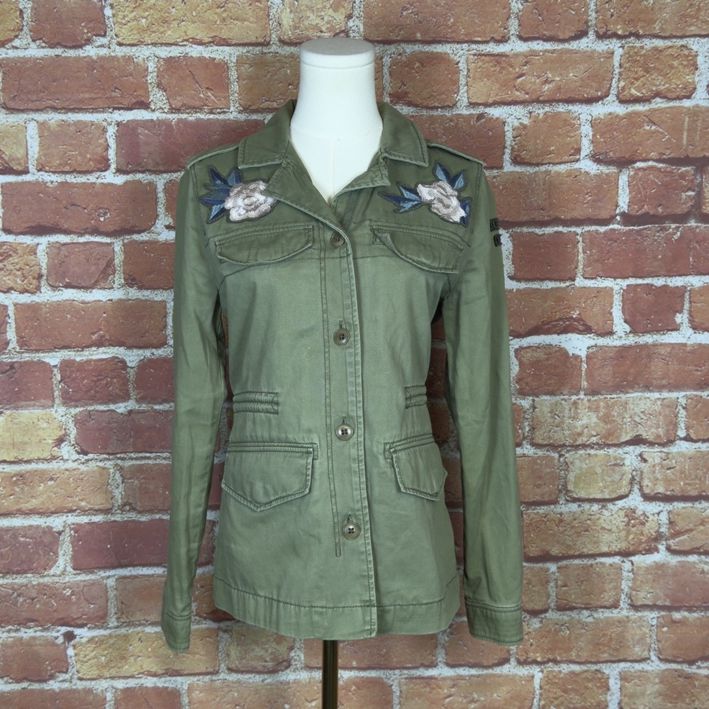 Abercrombie & Fitch Olive Utility Jacket with Pink Floral Detail Size Small